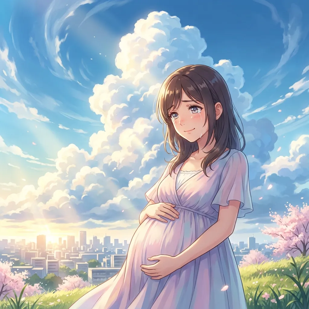 Anime-Stil KI-Schwangerschaftsporträt mit Kirschblüten