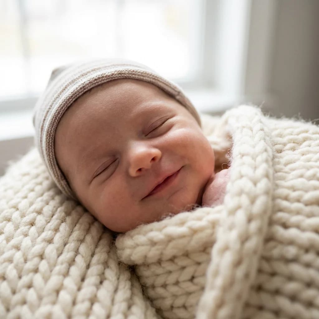 Newborn baby face prediction example smiling softly