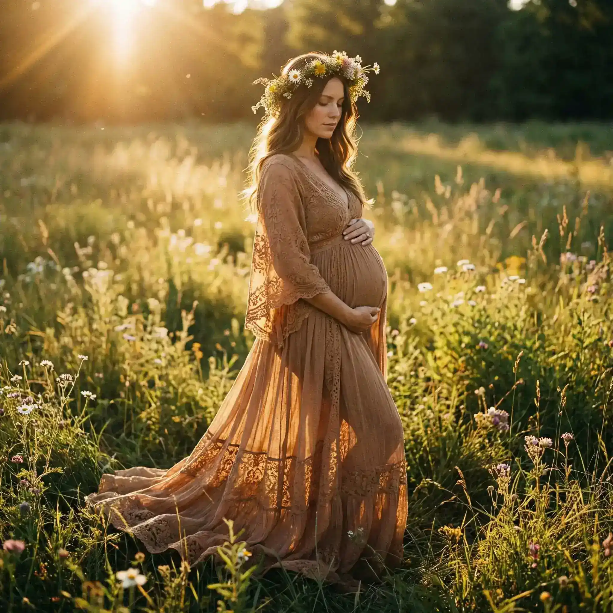 Bohemian-Stil Umstandsfoto mit Wildblumen