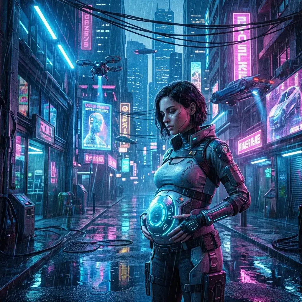 Cyberpunk-Stil Umstandsfoto mit Neonlichtern