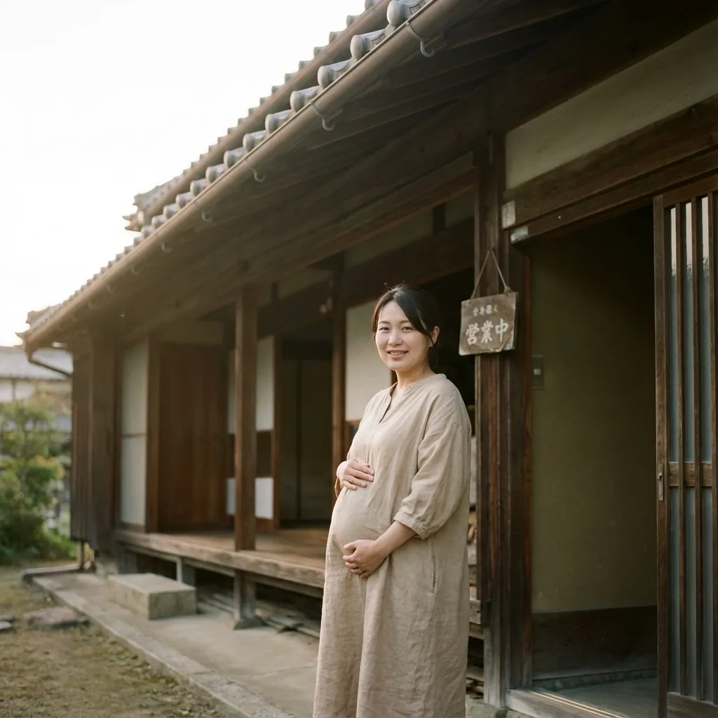Japanisches Lifestyle-Umstandsfoto mit traditionellem Holzhaus