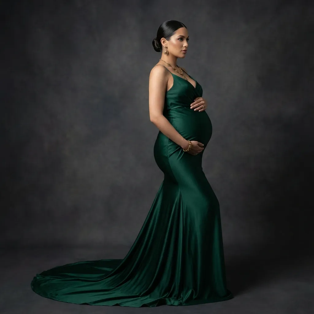 Elegantes Studio-Umstandsfoto in smaragdgrünem Kleid